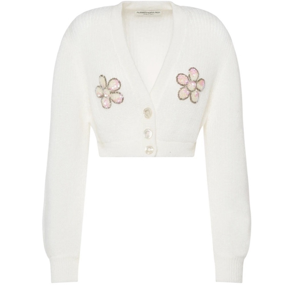 NWT Alessandra Rich Cropped Embellished Mohair-blend Flower  Cardigan Size 36
